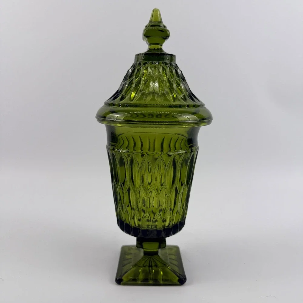 Indiana Glass Diamond Point Avocado Green Apothecary Jar Covered Pedestal